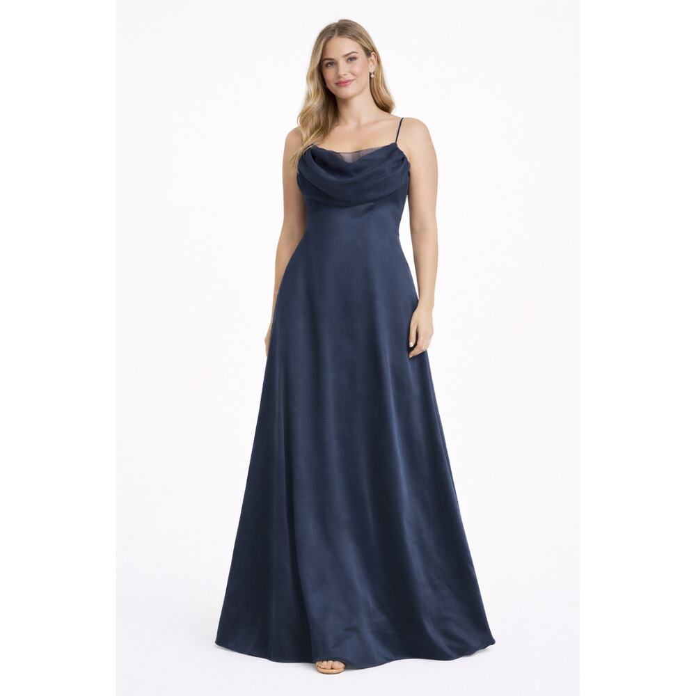 Betsy & Adam Navy Satin Formal Gown with Draped Back Detail - G022